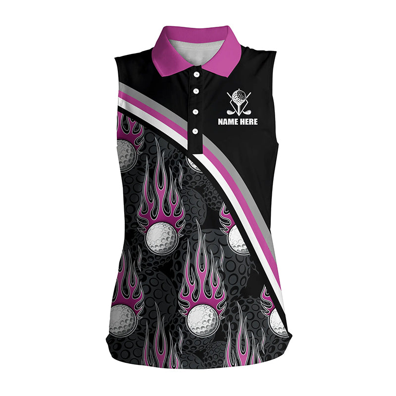 Golf balls pink flame pattern Womens sleeveless polo shirt custom golf clothes for women | Black NQS6107