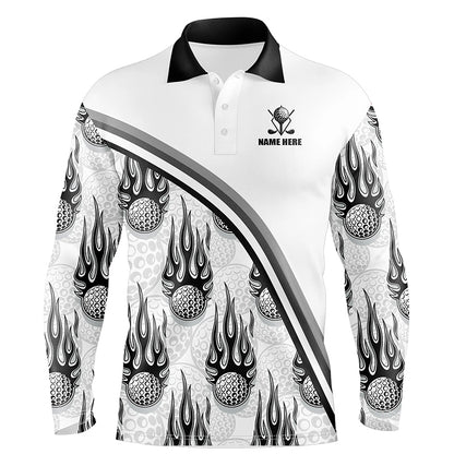 Golf balls black flame pattern Mens Golf polo shirts custom name golf clothes for men golfing | White NQS6108