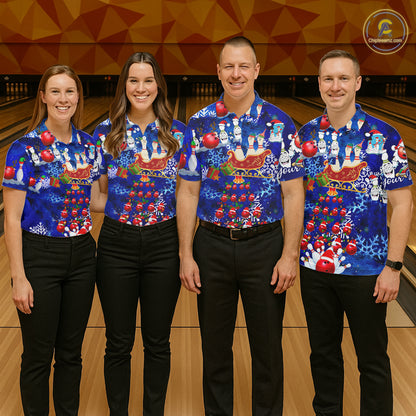 Womens Bowling Polo Shirts Custom blue Christmas pattern Bowling Santa ball pins team Ladies Jersey NQS6617