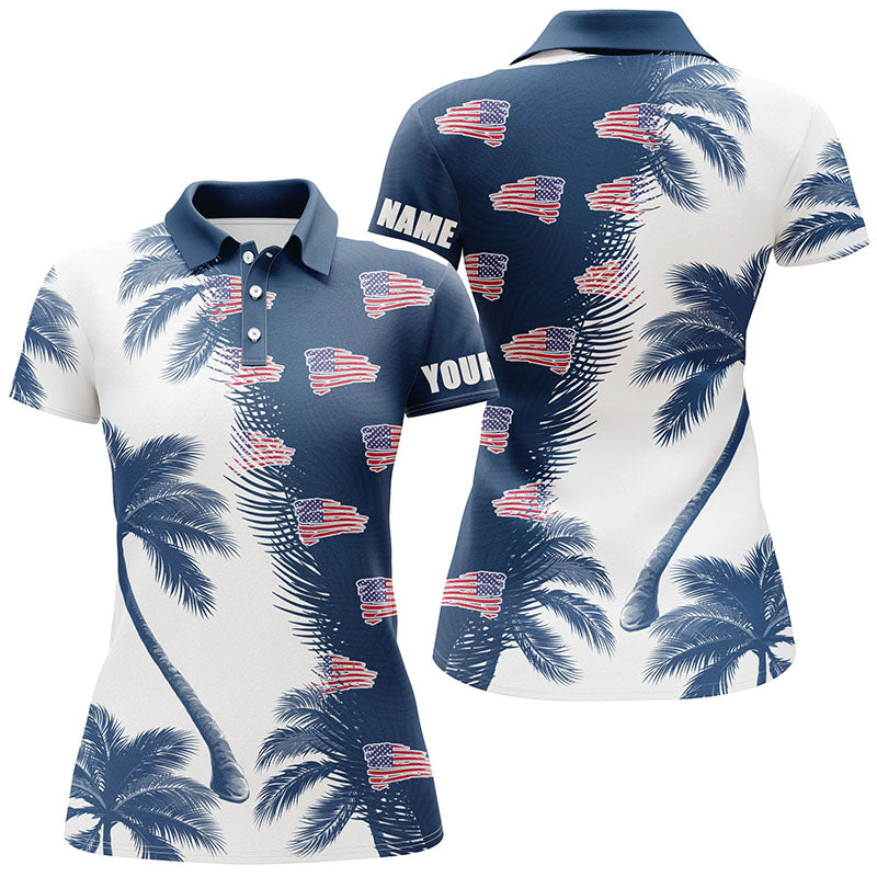 Blue and white palm tree pattern American flag Womens golf polo shirts personalized golf outfit women NQS5954