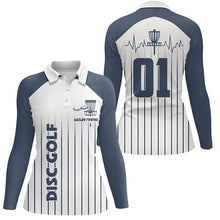 Load image into Gallery viewer, Blue white Womens disc golf polo shirt custom name, number disc golf heartbeat jersey, disco golf outfit NQS6206