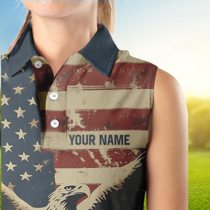 Personalized Vintage Eagle American flag Golf Sleeveless Polo Shirt Custom Patriotic Ladies Golf shirt NQS9632