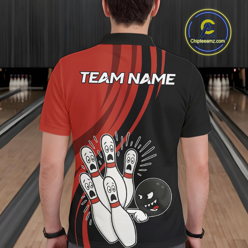 Funny Bowling ball and pins Black and Red Bowling Team Shirts For Men Custom Retro Bowling Jerseys NQS10225