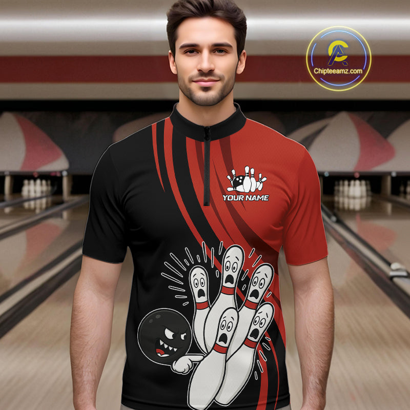 Funny Bowling ball and pins Black and Red Bowling Team Shirts For Men Custom Retro Bowling Jerseys NQS10225