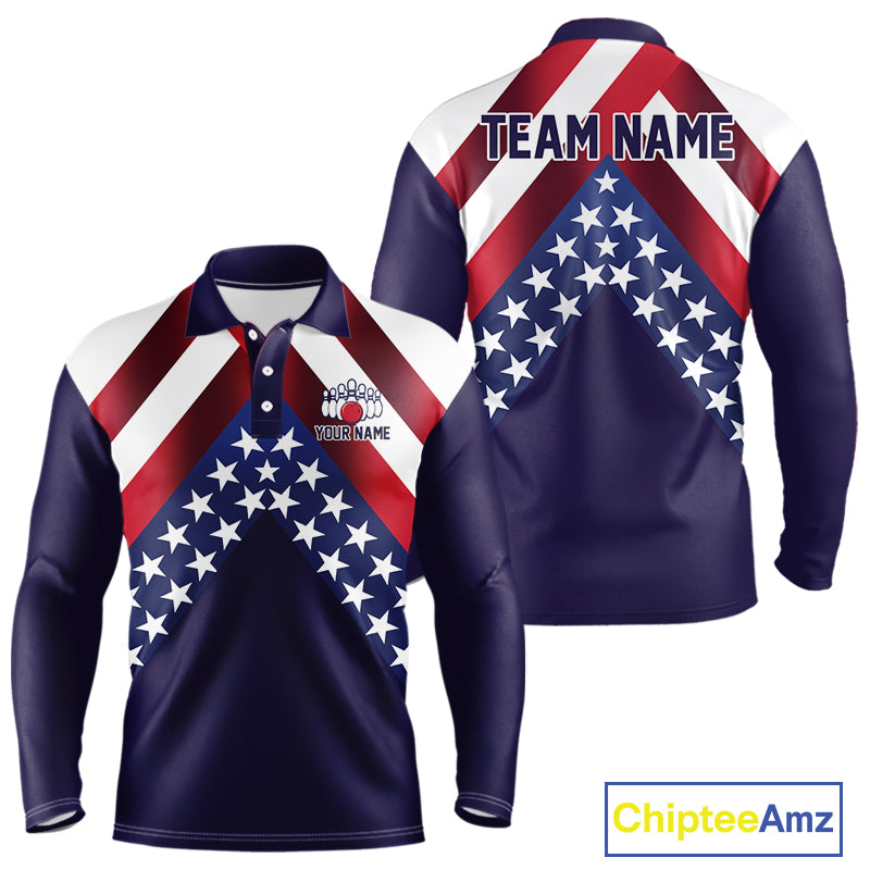 Red, White & Blue American Flag Mens Bowling Polo, 1/4 Zip Shirt Custom Patriotic Team Bowling Jersey NQS10226
