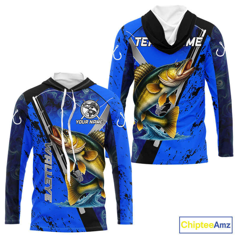 Blue Camo Walleye fishing custom Walleye sun protection long sleeve fishing shirts for Team NQS10817