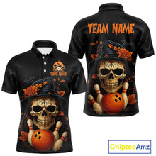 Load image into Gallery viewer, Black and Orange Skull Bowling Polo, Quarter Zip Shirts For Men Custom Halloween Bowling Team Jerseys NQS10818