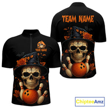Load image into Gallery viewer, Black and Orange Skull Bowling Polo, Quarter Zip Shirts For Men Custom Halloween Bowling Team Jerseys NQS10818