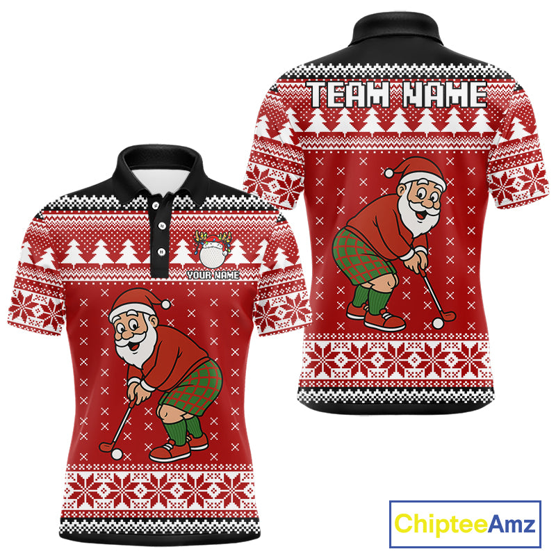 Funny Santa Golf Polo shirts For men Red ugly Christmas pattern Custom mens Christmas golf shirts NQS11000