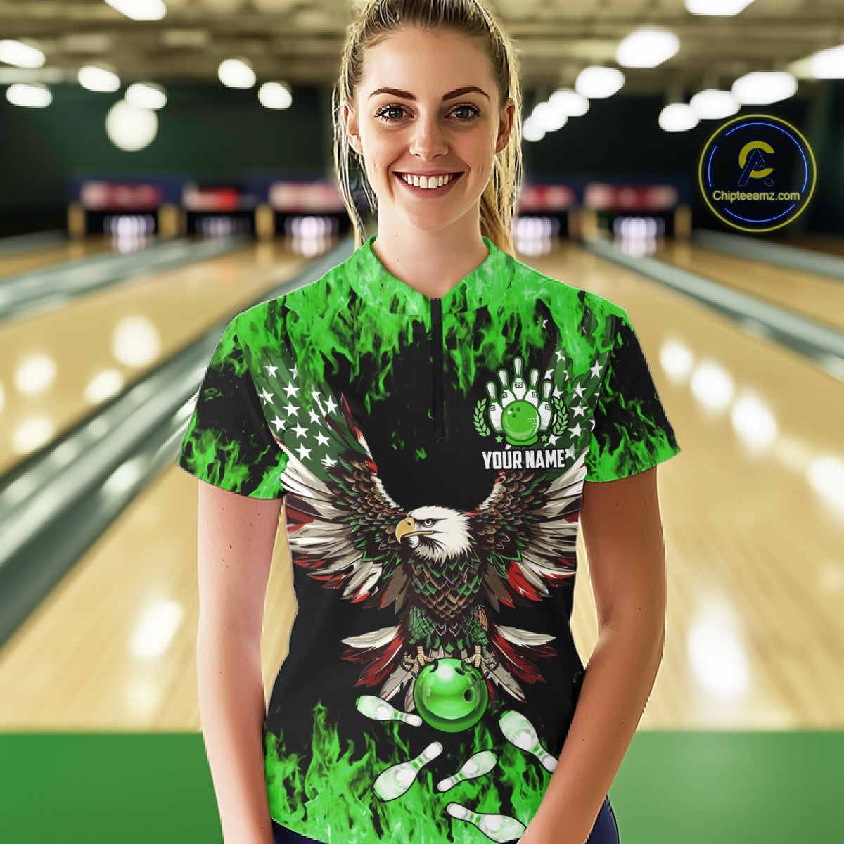 Green flame Womens bowling shirts Custom American flag Eagle Team bowling shirts, gift for bowlers NQS11188