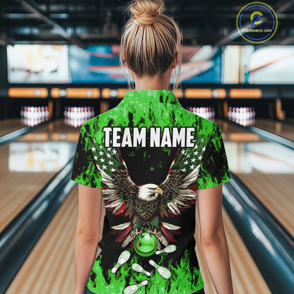 Green flame Womens bowling shirts Custom American flag Eagle Team bowling shirts, gift for bowlers NQS11188