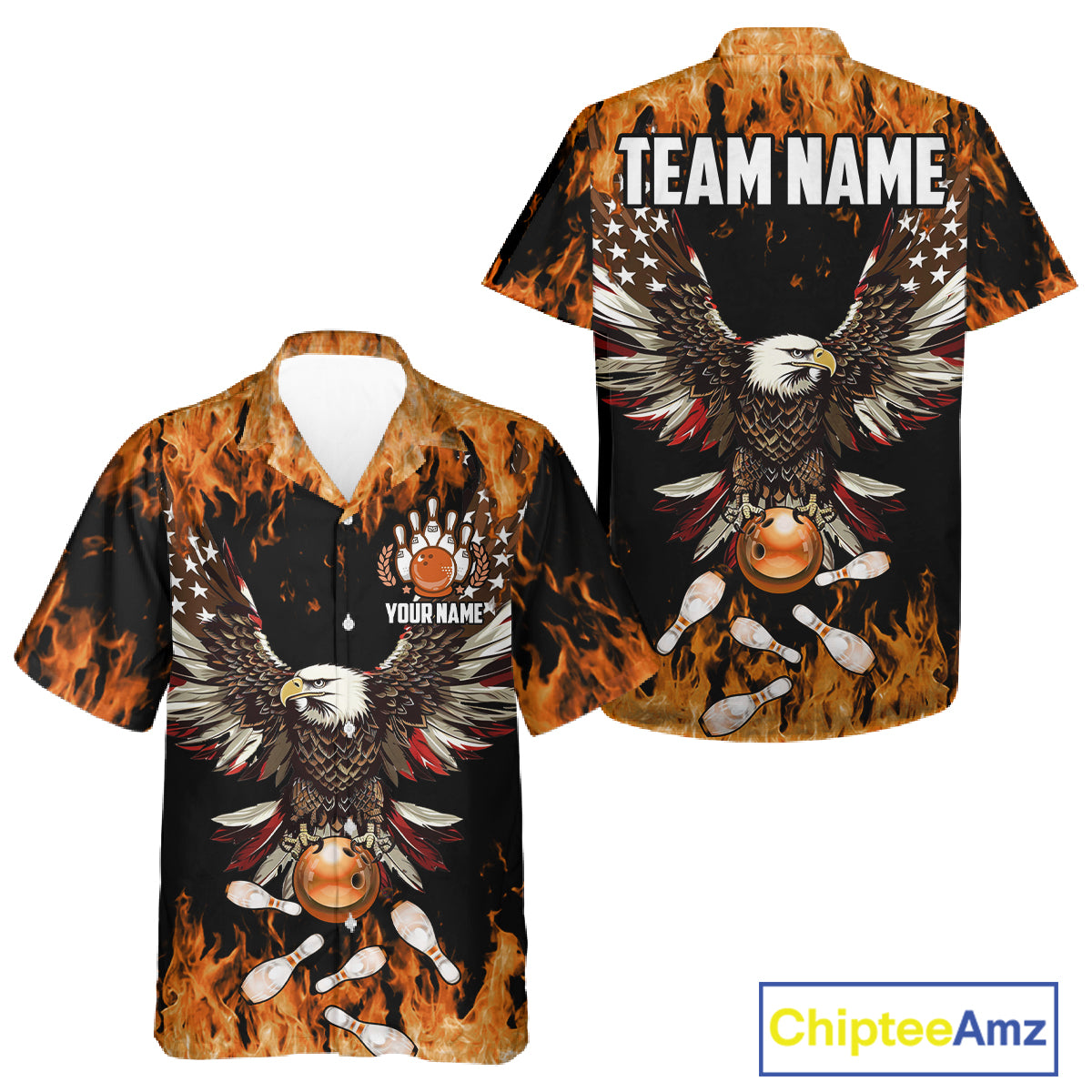 Orange flame Hawaiian bowling shirts Custom American flag Eagle Team bowling shirts, gift for bowlers NQS11189