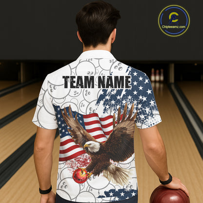 Red, White, Blue American Flag Eagle Bowling Hawaiian shirt Custom Patriotic Camo Bowling Team Jersey NQS11192