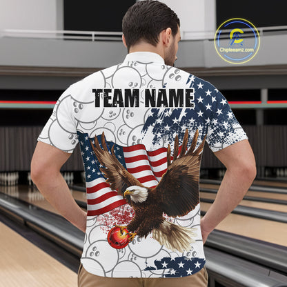 Red, White, Blue American Flag Eagle Men Bowling Shirts Custom Patriotic Camo Bowling Team Jersey NQS11192