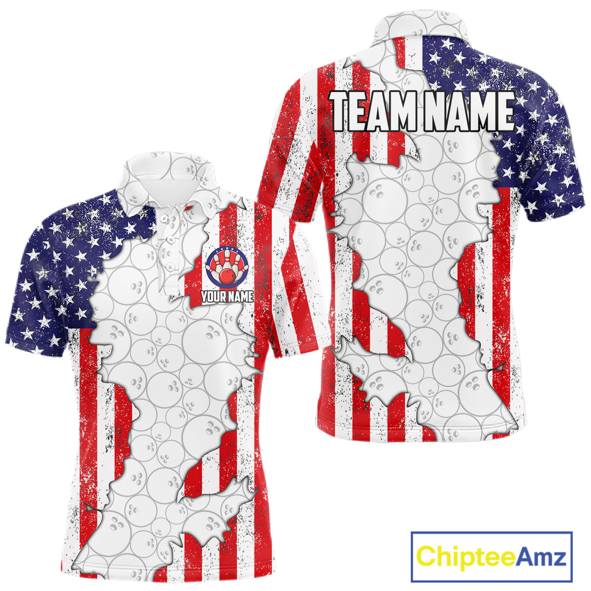 Personalized Red, White and Blue American Flag Bowling Team Shirts For Men, Patriotic Bowling Gifts NQS11197