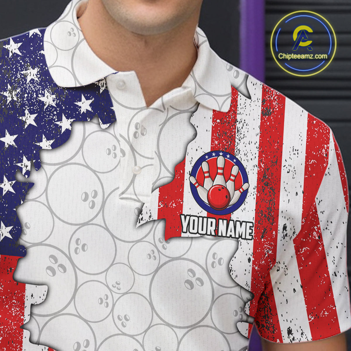 Personalized Red, White and Blue American Flag Bowling Team Shirts For Men, Patriotic Bowling Gifts NQS11197