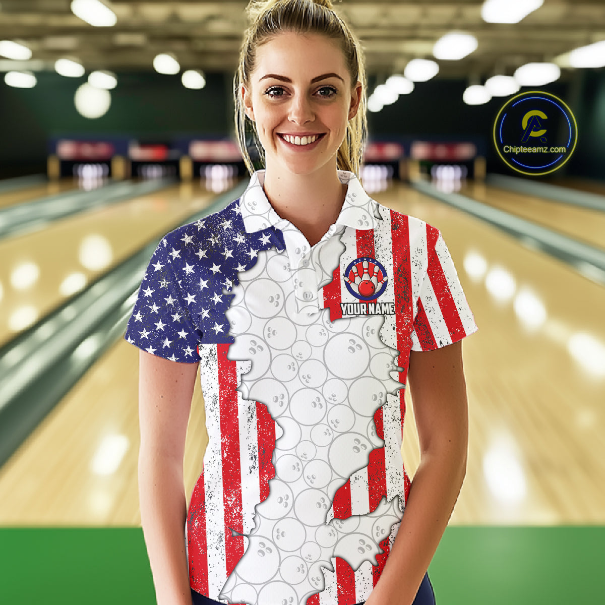 Personalized Red, White and Blue American Flag Bowling Team Shirts For Women, Patriotic Bowling Gifts NQS11197