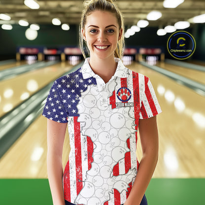 Personalized Red, White and Blue American Flag Bowling Team Shirts For Women, Patriotic Bowling Gifts NQS11197