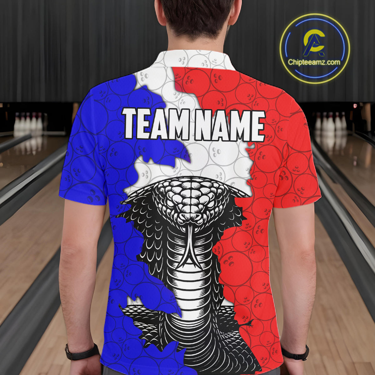 Personalized Red, White and Blue Cobra Snake Bowling Team Shirts For Men, Patriotic Bowling Jerseys NQS11198