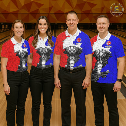 Personalized Red, White and Blue Cobra Snake Bowling Team Shirts For Women, Patriotic Bowling Jerseys NQS11198