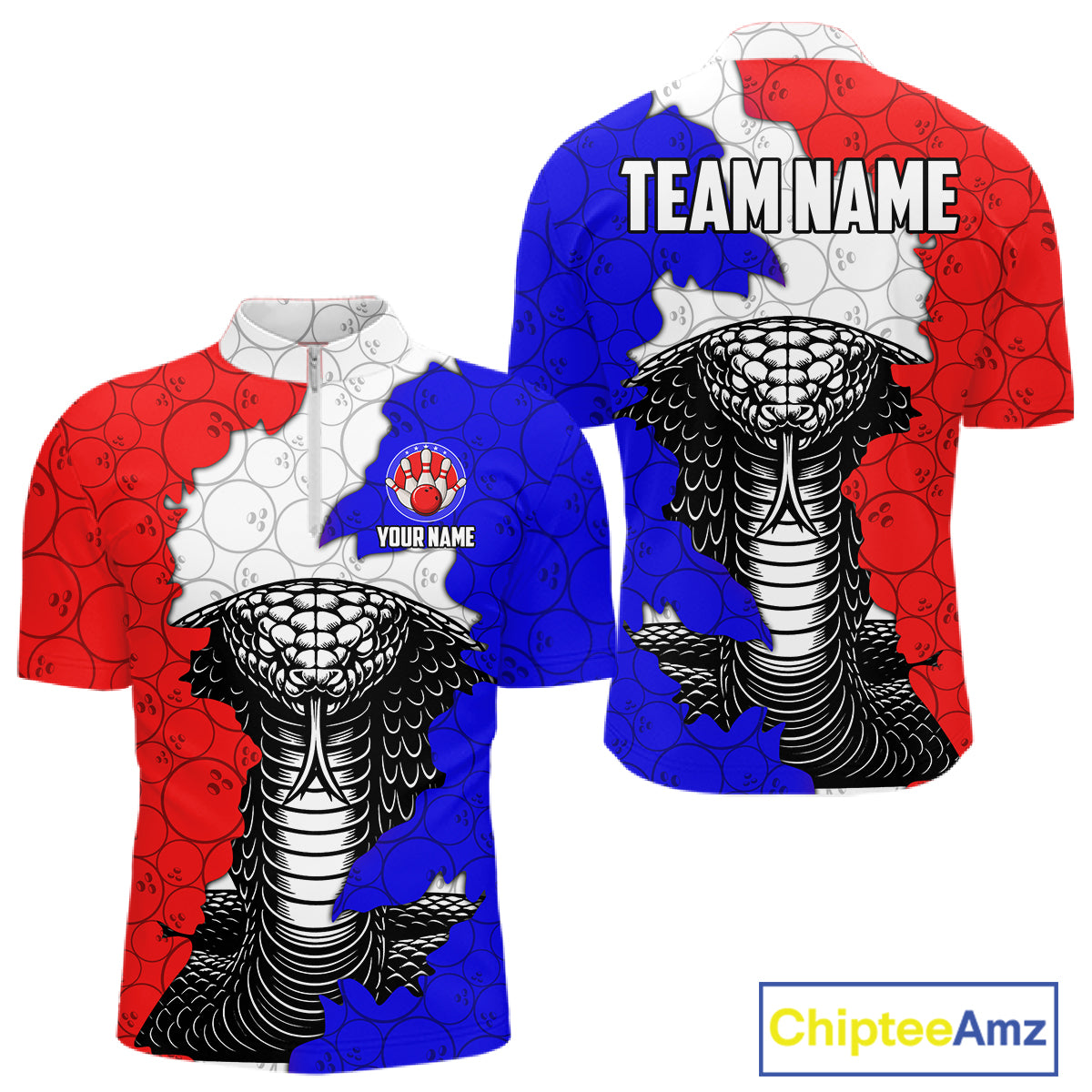 Personalized Red, White and Blue Cobra Snake Bowling Team Shirts For Men, Patriotic Bowling Jerseys NQS11198