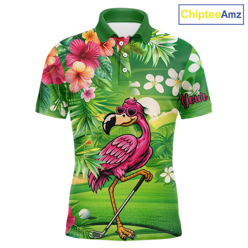 Personalized Green tropical flower flamingo golf shirt for Men custom team golf shirts NQS11399