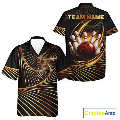 Custom Black and Gold Bowling Hawaiian Button-up Shirts, Team Bowling League Jerseys NQS11599