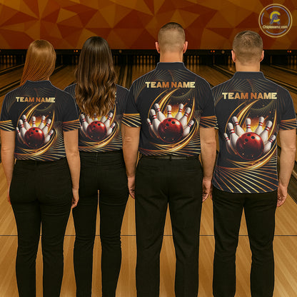 Custom Black and Gold Bowling Polo, Quarter Zip Shirts for Men, Team Bowling League Jerseys NQS11599