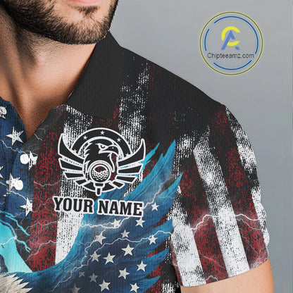 Personalized American Flag Eagle Lightning Thunder Golf Polo Shirts For Men, Patriotic Golfing Gifts NQS11717