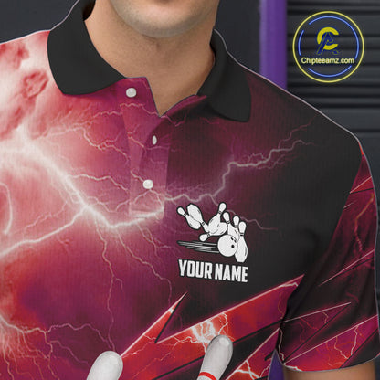 Red Storm Lightning Thunder Bowling Polo, Quarter Zip Shirt For Men Custom Bowling Team Jersey NQS11718