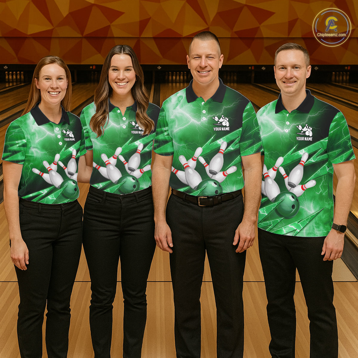 Green Storm Lightning Thunder Bowling Polo, Quarter Zip Shirt For Women Custom Bowling Team Jersey NQS11719