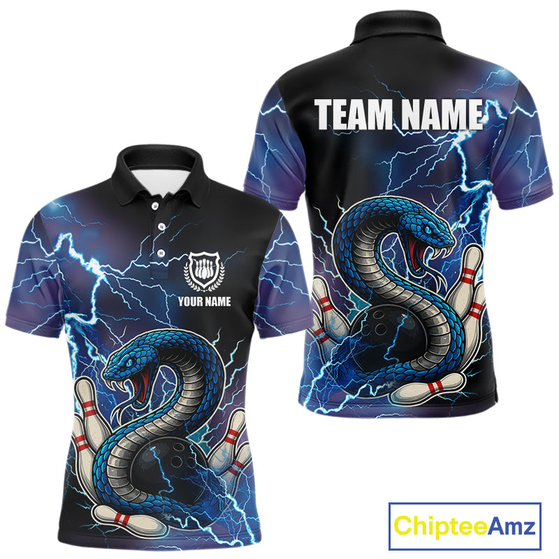 Blue Lightning Thunder Cobra Snake Bowling Polo, 1/4 Zip Shirts For Men Custom Bowling Team Uniform NQS9853