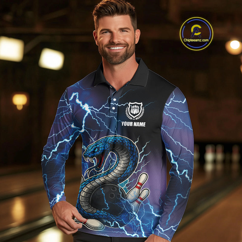 Blue Lightning Thunder Cobra Snake Bowling Polo, 1/4 Zip Shirts For Men Custom Bowling Team Uniform NQS9853