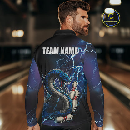 Blue Lightning Thunder Cobra Snake Bowling Polo, 1/4 Zip Shirts For Men Custom Bowling Team Uniform NQS9853