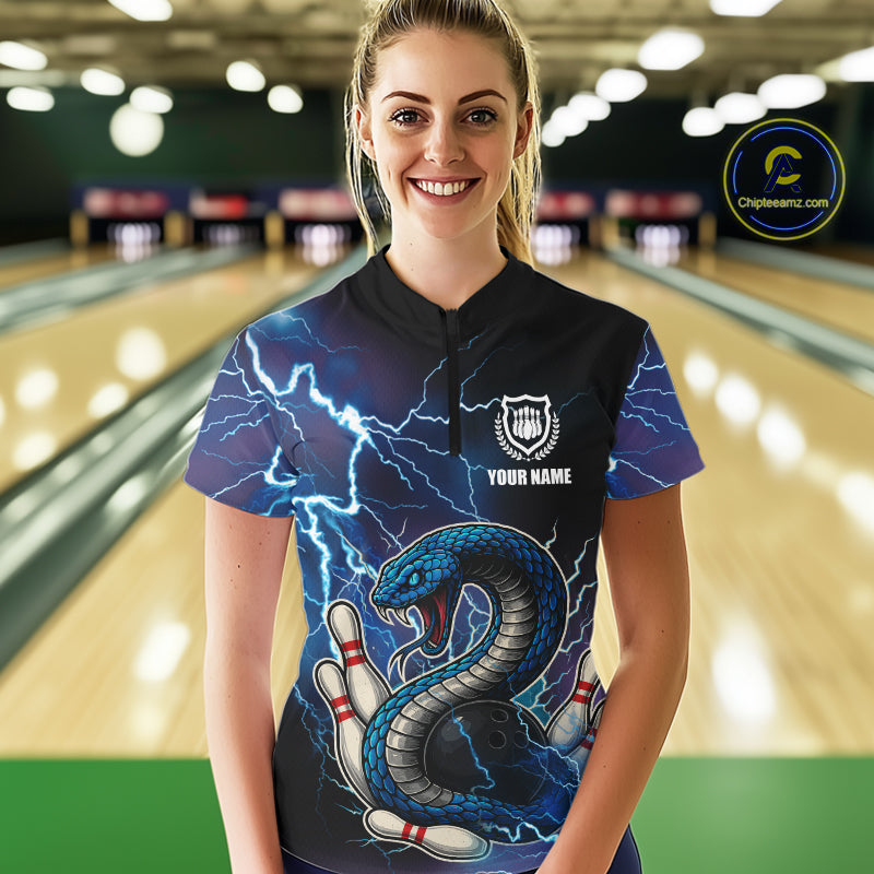 Blue Lightning Thunder Cobra Snake Bowling Polo, 1/4 Zip Shirts For Women Custom Bowling Team Uniform NQS9853