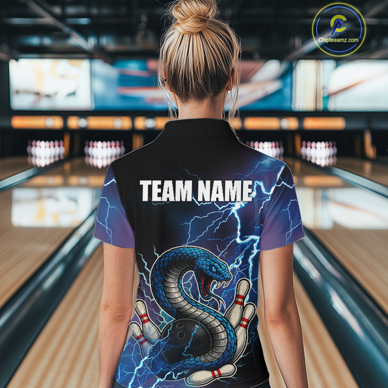 Blue Lightning Thunder Cobra Snake Bowling Polo, 1/4 Zip Shirts For Women Custom Bowling Team Uniform NQS9853