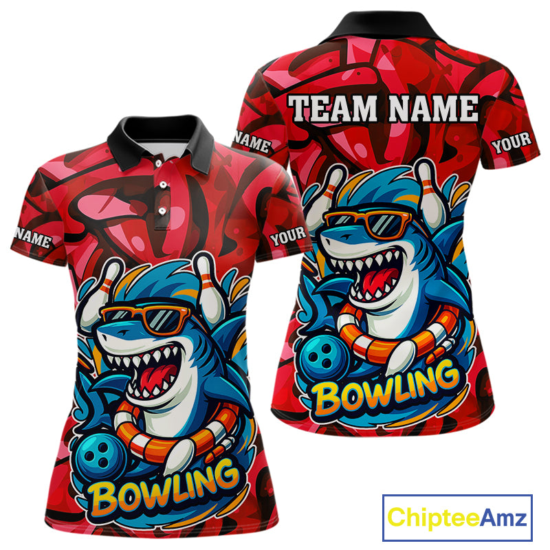 Funny Red Camo Shark Women Bowling Polo, Quarter Zip Shirts Custom Team Shark Bowling Outfit Jersey NQS10076