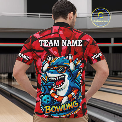 Funny Red Camo Shark Men Bowling Polo, Quarter Zip Shirts Custom Team Shark Bowling Outfit Jersey NQS10076
