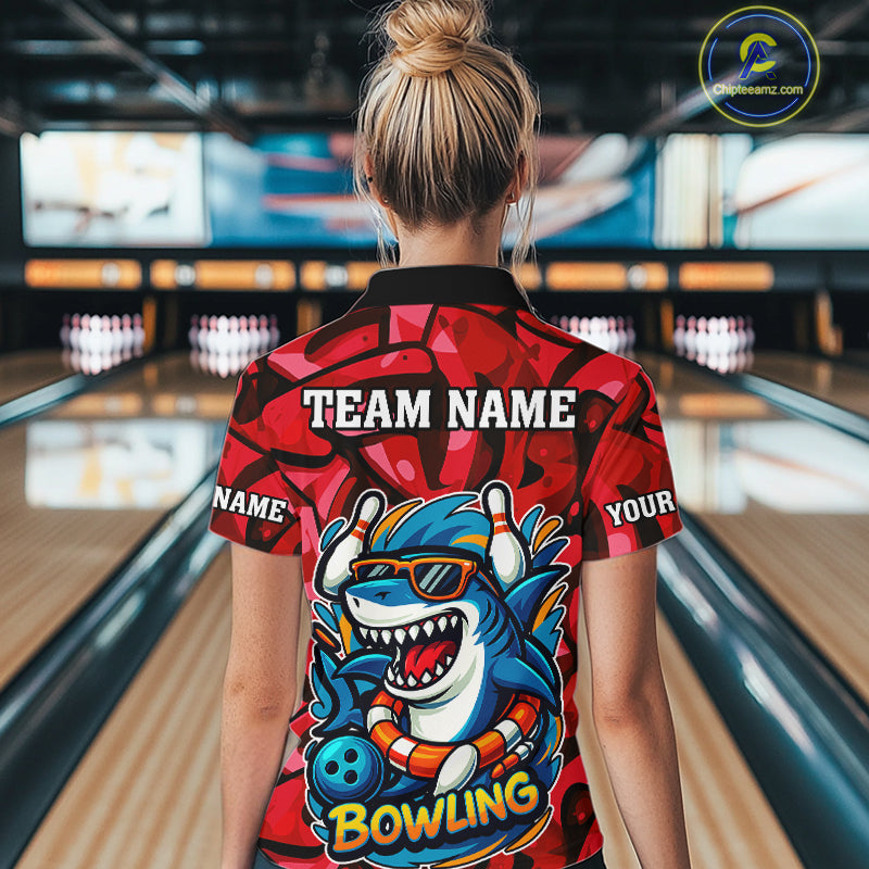 Funny Red Camo Shark Women Bowling Polo, Quarter Zip Shirts Custom Team Shark Bowling Outfit Jersey NQS10076