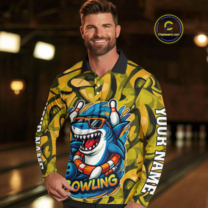 Funny Yellow Camo Shark Men Bowling Polo, Quarter Zip Shirts Custom Team Shark Bowling Outfit Jersey NQS10077