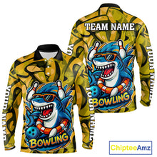 Load image into Gallery viewer, Funny Yellow Camo Shark Men Bowling Polo, Quarter Zip Shirts Custom Team Shark Bowling Outfit Jersey NQS10077