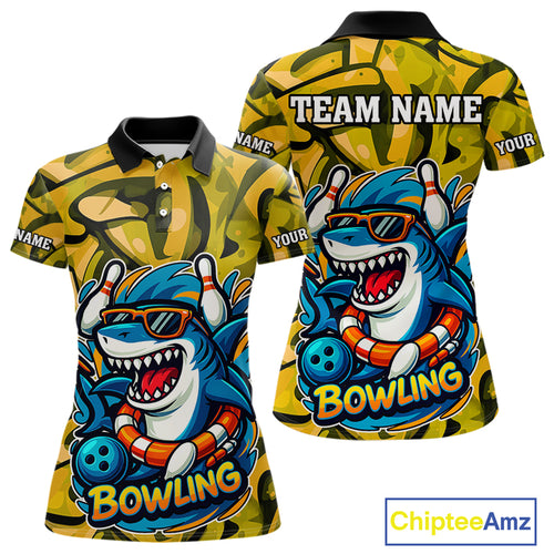 Funny Yellow Camo Shark Women Bowling Polo, Quarter Zip Shirt Custom Team Shark Bowling Outfit Jersey NQS10077