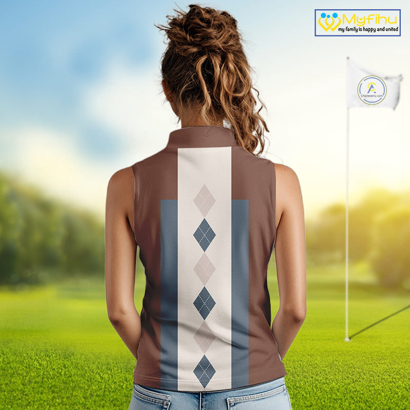 Brown Argyle Pattern Women Sleeveless Polo Shirt Custom Vintage Style For Golf Lovers Gift For Ladies NQS10233