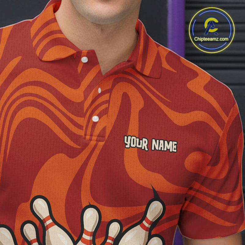 Orange camo flame Bowling polo, quarter zip shirts for men custom Halloween Bowling team jerseys NQS10395