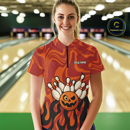 Orange camo flame Bowling polo, quarter zip shirts for Women custom Halloween Bowling team jerseys NQS10395