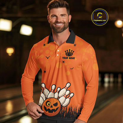 Custom Funny orange Bowling Team Shirt Halloween Polo & Quarter-Zip Bowling Jersey for Men NQS10396
