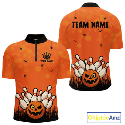Custom Funny orange Bowling Team Shirt Halloween Polo & Quarter-Zip Bowling Jersey for Men NQS10396