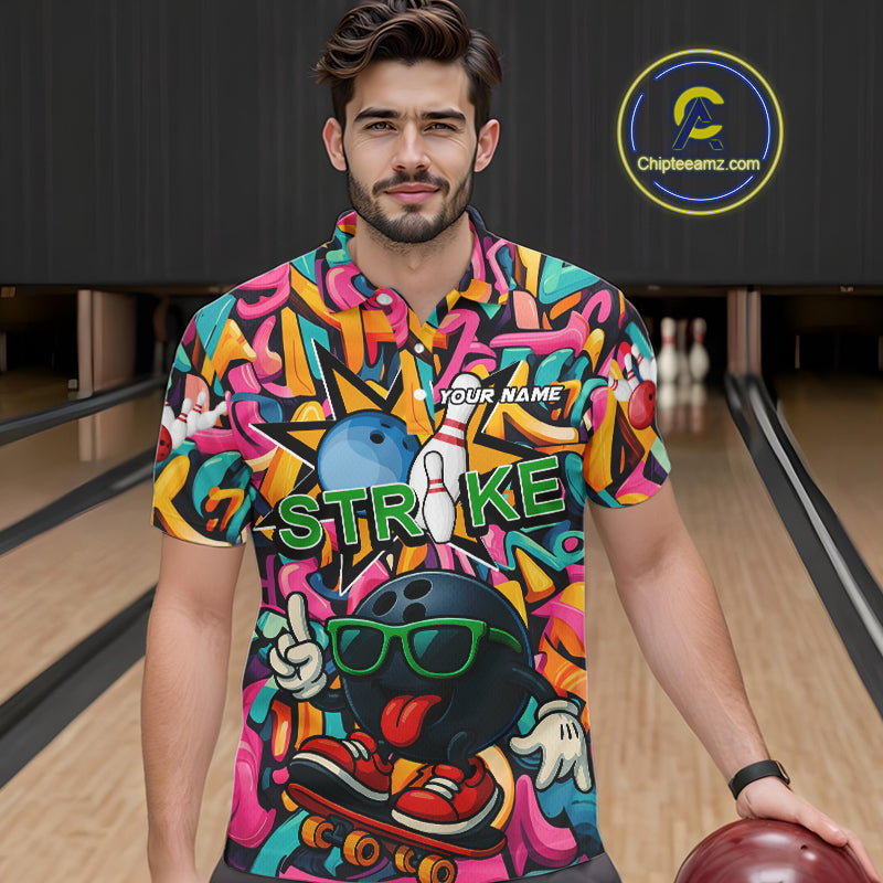 Funny colorful graffiti pattern Bowling Team Polo, 1/4 Zip Shirt For Men Custom Mens Bowling Jersey NQS10823