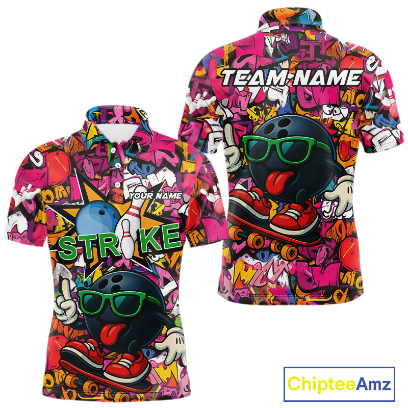 Funny pink graffiti pattern Bowling Team Polo, 1/4 Zip Shirt For Men Custom Mens Bowling Jersey NQS10824