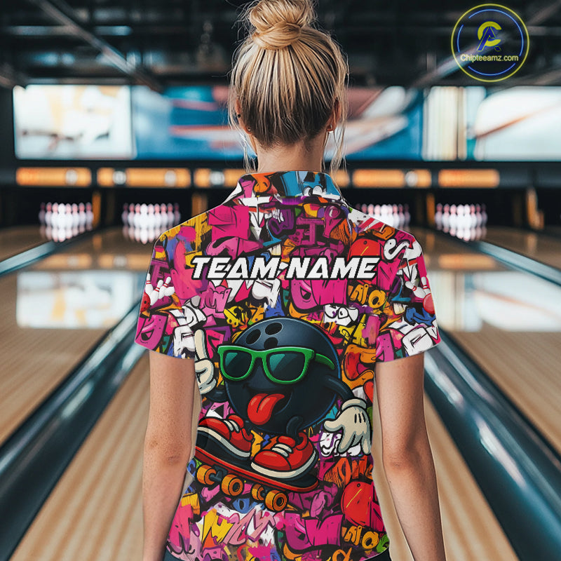 Funny pink graffiti pattern Bowling Team Shirt For Women Custom Ladies Bowling Jersey NQS10824
